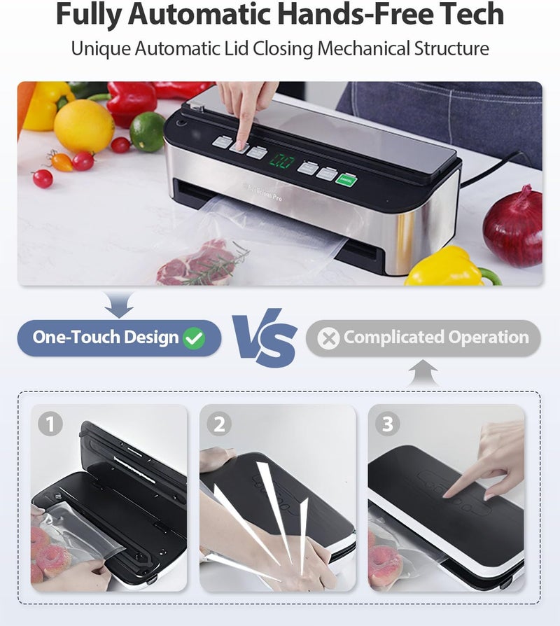 Beelicious Pro PressFree TRUE-Auto Vacuum Sealer Machine, Beelicious 85KPA Fully Automatic 8-IN-1 Food Sealer with Bags Storage, Build-in Cutter, Moist Mode and Air Suction Hose |Sous Vide | Digital Countdown - Image 2